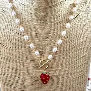 AVARA Strawberry Necklace With Faux Pearl Chain NWT 18”