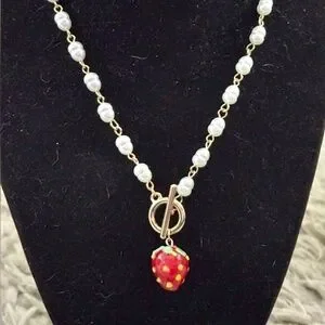 AVARA strawberry necklace With Faux Pearl Chain NWT 18”