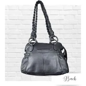 B Makowsky Genuine Silver Leather Satchel Braided Handle Silver Accents Purse