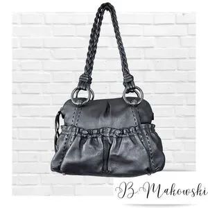 B Makowsky Genuine Silver Leather Satchel Braided Handle Silver Accents Purse