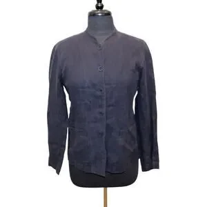 B0 NEW EILEEN FISHER Collarless Navy Blue Cotton Button Up Light Boxy Jacket XS