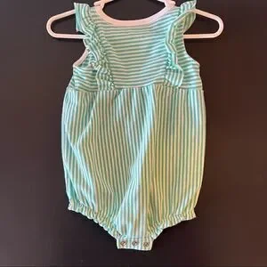 Baby Cat & Jack 6-9 Mo NWOT Teal & White Stripes onesie Bubble W Ruffle sleeves