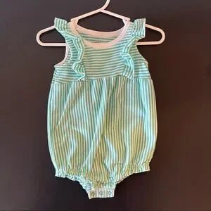 Baby Cat & Jack 6-9 mo NWOT teal & white stripes onesie bubble w ruffle sleeves