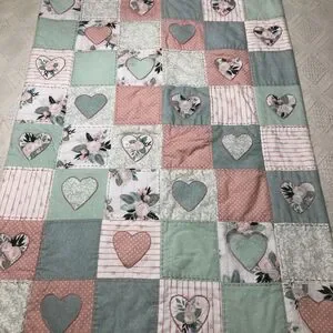Baby Quilt Girls Pink/green Handmade Patchwork Crib Blanket Hearts / Floral