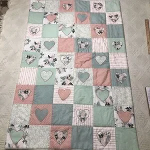 Baby Quilt Girls Pink/green Handmade Patchwork Crib Blanket Hearts / floral