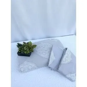 Ballard Designs KING Grey LOLA Duvet Cover Medallions 2 Shams 100% Cotton