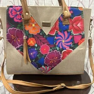 Banana Republic Tan Satchel With Floral Heart Design