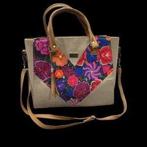 Banana Republic Tan Satchel with Floral Heart Design
