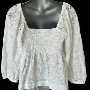 Banana Republic Women's White Eyelet Balloon Sleeve Blouse Size M