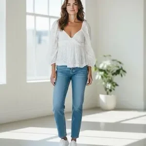 Banana Republic Women's White Eyelet Balloon Sleeve Blouse Size M