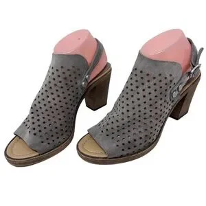 Barbara Barbieri Gray Suede Perforated Slingback Block Heeled Sandals Mules 8.5