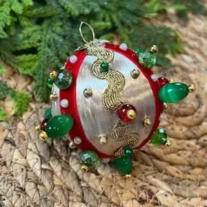 Beaded Push Pin Satin Thread Ball Christmas Ornament Mid Century Vintage Style