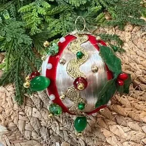 Beaded Push Pin Satin Thread Ball Christmas Ornament Mid Century Vintage Style