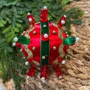 Beaded Push Pin Satin Thread Ball Christmas Ornament Mid Century Vintage Style