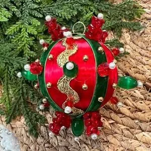 Beaded Push Pin Satin Thread Ball Christmas Ornament Mid Century Vintage Style
