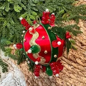 Beaded Push Pin Satin Thread Ball Christmas Ornament Mid Century Vintage Style