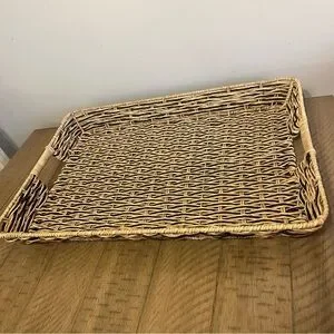 Beige And Black Resin Rattan Rectangular Serving Tray