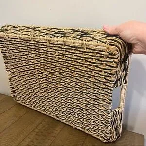 Beige And Black Resin Rattan Rectangular Serving Tray