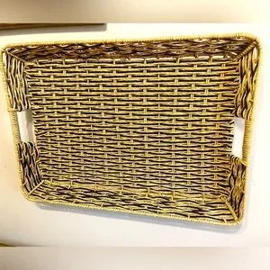 Beige and Black Resin Rattan Rectangular Serving Tray