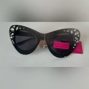 Betsey Johnson Black Cat-Eye Sunglasses w Rhinestones