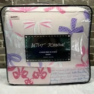 Betsey Johnson Pink Bows & Ribbons 8 Piece Comforter Set Sheets Throw Queen NEW