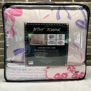 Betsey Johnson Pink Bows & Ribbons 8 Piece Comforter Set Sheets Throw Queen NEW