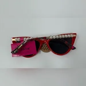 Betsey Johnson Spice Of Life Faux Pearl Cat Eye Chic Red Sunglasses NWT