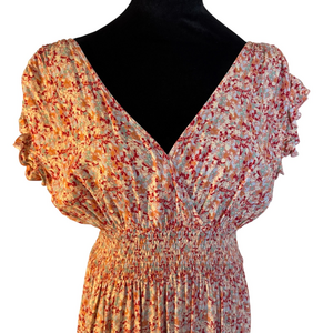 Bibi Floral Maxi Dress Coral Crossover Deep V-Neckline Smocked Waist Size L