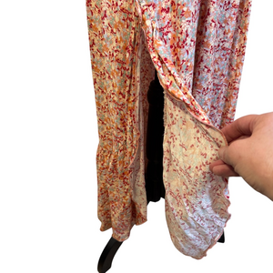 Bibi Floral Maxi Dress Coral Crossover Deep V-Neckline Smocked Waist Size L