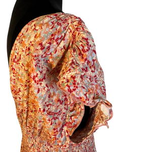 Bibi Floral Maxi Dress Coral Crossover Deep V-Neckline Smocked Waist Size L