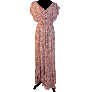 Bibi Floral Maxi Dress Coral Crossover Deep V-Neckline Smocked Waist Size L