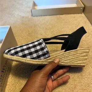 Black and White Checkered Women's Wedge Sandals