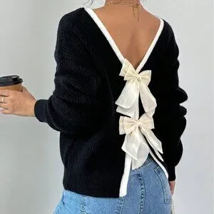 Black Casual Women's Colorblock Ribbed Crew Neck Long Sleeve Sweater