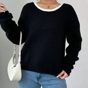 Black Casual Women's Colorblock Ribbed Crew Neck Long Sleeve Sweater