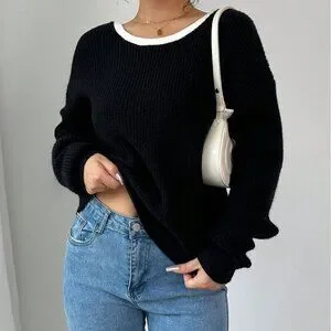 Black Casual Women's Colorblock Ribbed Crew Neck Long Sleeve Sweater