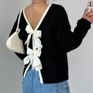 Black Casual Women's Colorblock Ribbed Crew Neck Long Sleeve Sweater