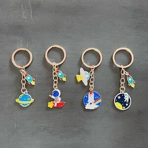 Blue Planet Saturn Orbit Moon Rocket Spaceship Stars Enamel Gold 3.5" Keychain