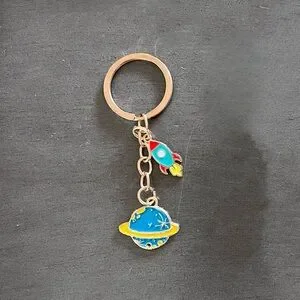 Blue Planet Saturn Orbit Moon Rocket Spaceship Stars Enamel Gold 3.5" Keychain