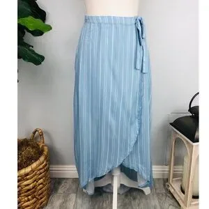 BLUE STRIPED WRAP HIGH LOW MAXI SKIRT BOHO STYLE