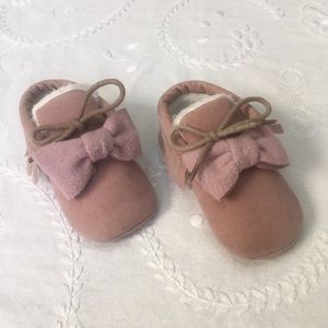Blush Pink Fuzzy Slipper Moccasins W/ Bow