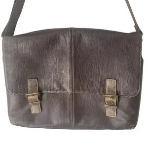 Boconi Bryant Brown Leather Double Buckle Messenger Bag Travel Distressed