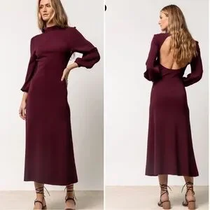 Bohme DEMI CUT OUT Ribbe Knit Long Bubble Sleeve Turtleneck DRESS in BURGUNDY