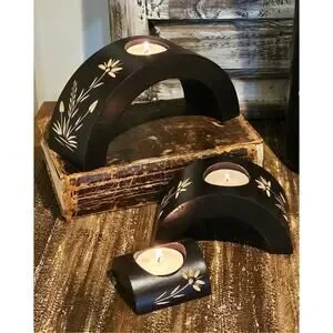 Boho Chic Wooden Floral Candle Holders Set/3 - Hand Carved Arch Tea Light Trio