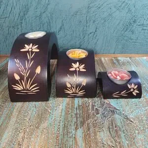 Boho Chic Wooden Floral Candle Holders Set/3 - Hand Carved Arch Tea Light Trio
