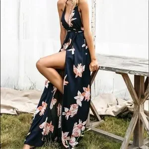 Boho Floral Print Split Thigh Maxi Dress