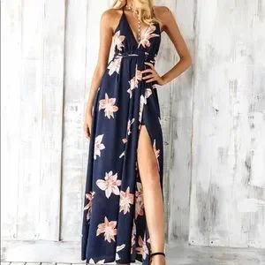 Boho floral print split thigh maxi dress