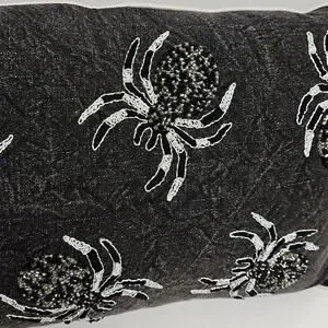 Boo Scary Trick Or Treat Black Pillow W/Beaded And Embroider Spider Design (NWT)