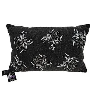 Boo Scary Trick or Treat Black Pillow w/Beaded and Embroider Spider Design (NWT)