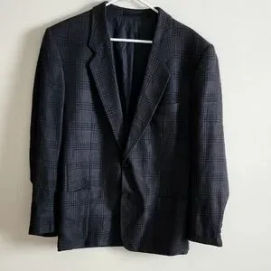 Boss Hugo Boss Charcoal Plaid 2 Button Checkered Blazer Mens 40R Front Pockets