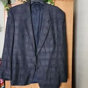 Boss Hugo Boss Charcoal Plaid 2 Button Checkered Blazer Mens 40R Front Pockets